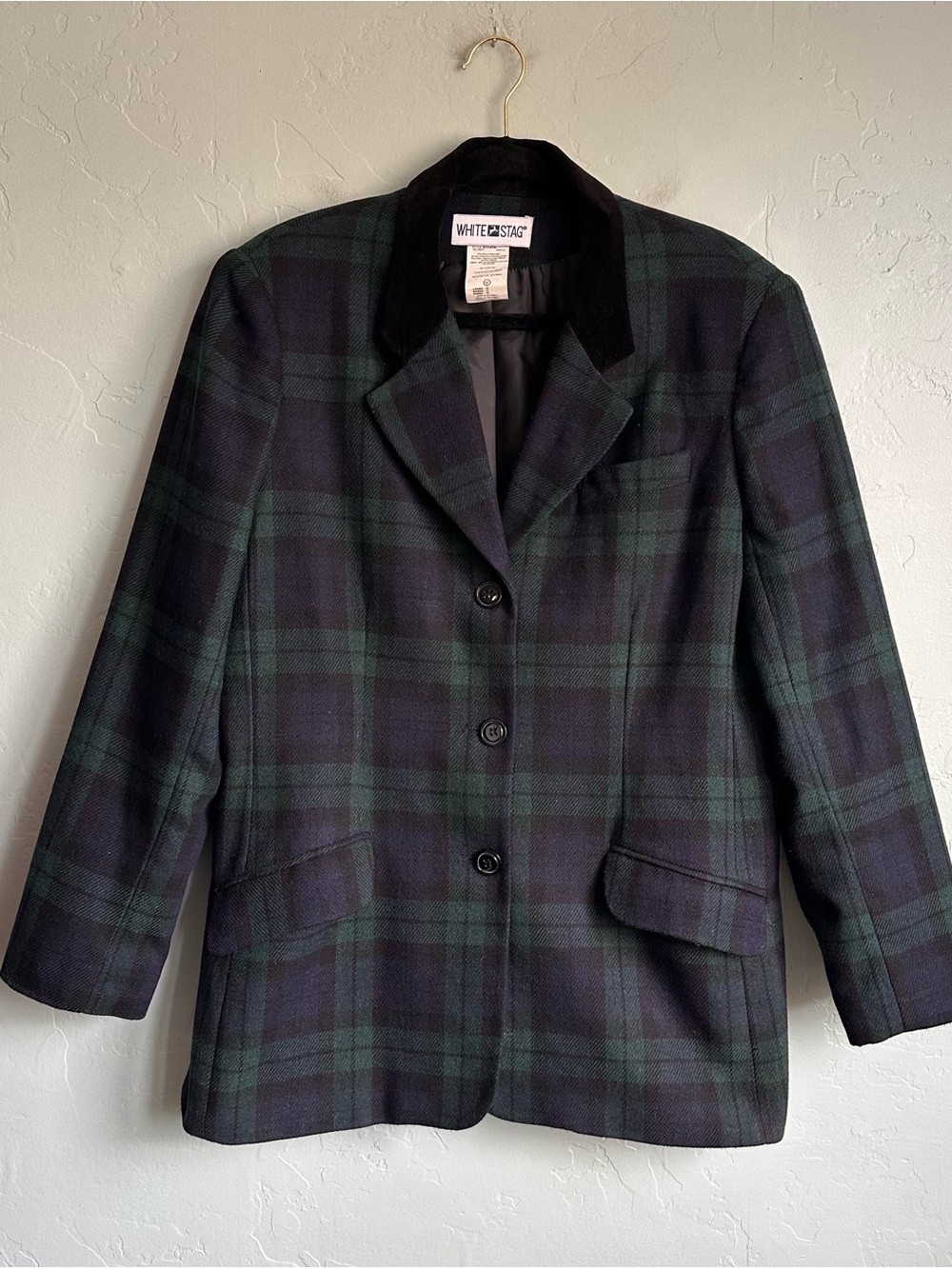 Vintage White Stag Green & Navy Plaid Blazer with Black Collar